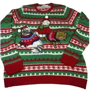 Jolly Ugly christmas embroidered Cat sweater Women’s Large Green Red Color